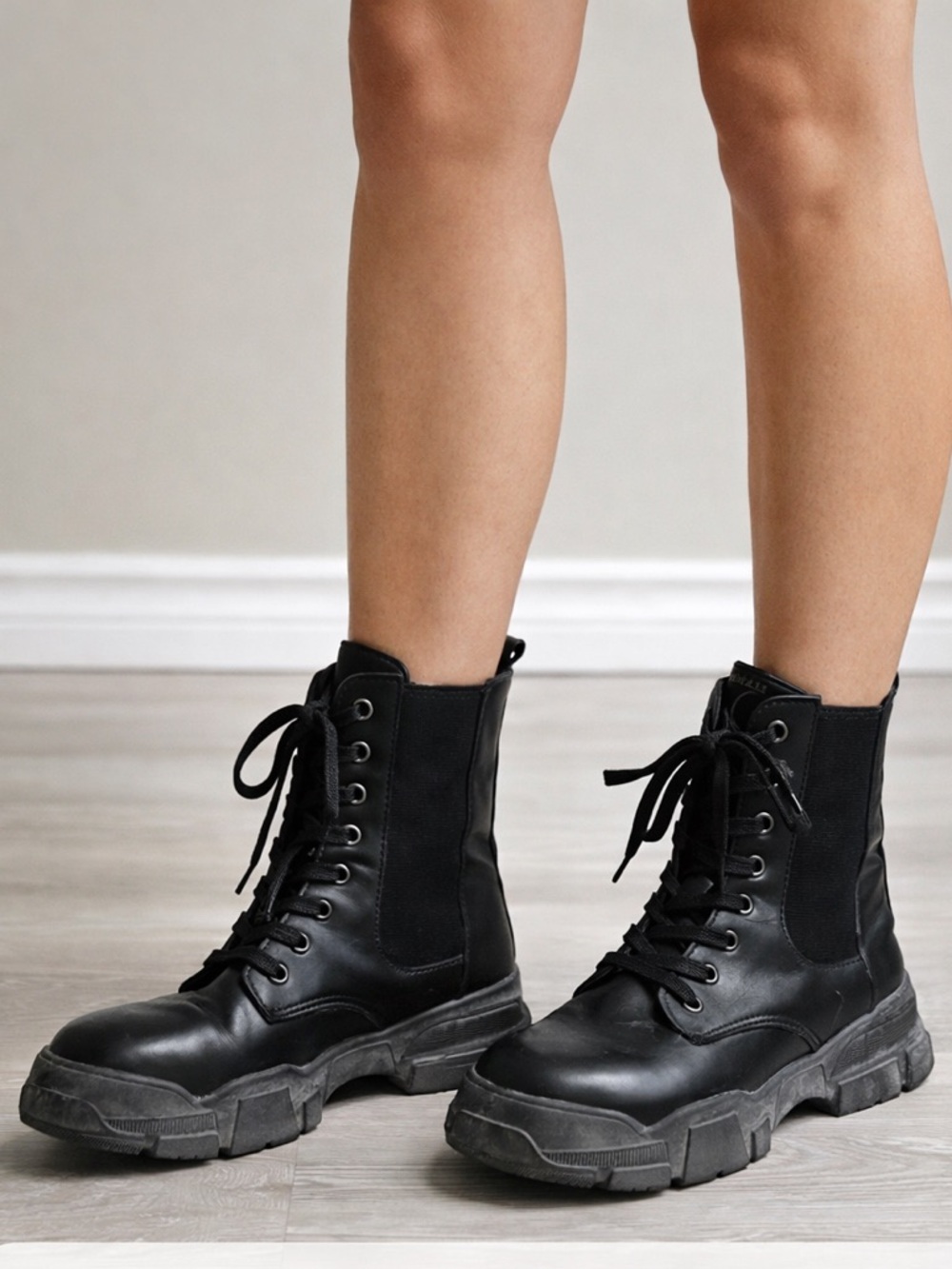 Vegan Leather Chelsea Combat Chunky Fall Spring Lace-Up Ankle Boots Black